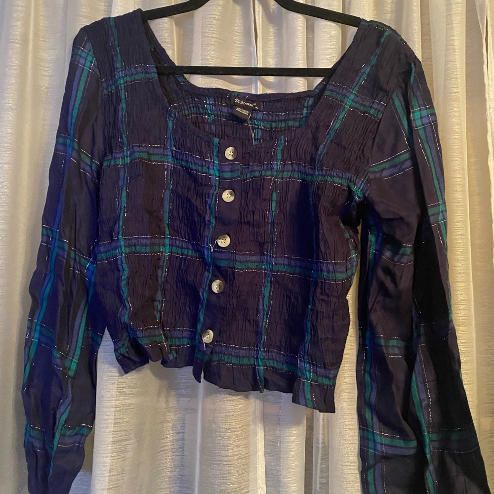 StyleHOUSE, blue plaid, button front, blouse, Junior, Size XL, NWOT